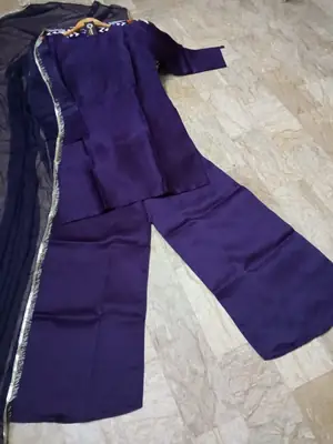 Women's Silk Long Flare Sharara Suit 3 Piece Set with Four Side Lace Work Chiffon Dupatta | Pakistani Party Wear Dress thumbnail 2