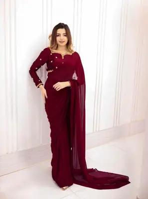 Ready to Wear Chiffon Saree with Embroidered Silk Blouse & Silk Petticoat – 7 Yards Stitched Party Wear Saree for Women