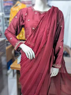Ready to Wear Chiffon Saree with Embroidered Silk Blouse & Silk Petticoat – 7 Yards Stitched Party Wear Saree for Women thumbnail 4
