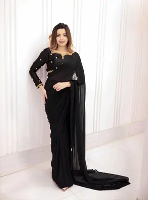 Ready to Wear Chiffon Saree with Embroidered Silk Blouse & Silk Petticoat – 7 Yards Stitched Party Wear Saree for Women