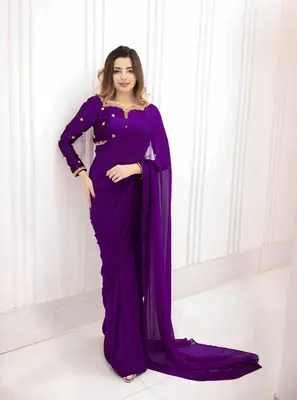 Ready to Wear Chiffon Saree with Embroidered Silk Blouse & Silk Petticoat – 7 Yards Stitched Party Wear Saree for Women