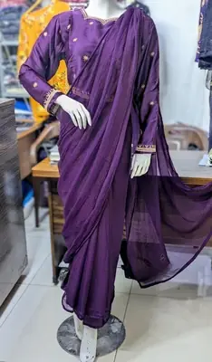Ready to Wear Chiffon Saree with Embroidered Silk Blouse & Silk Petticoat – 7 Yards Stitched Party Wear Saree for Women thumbnail 3