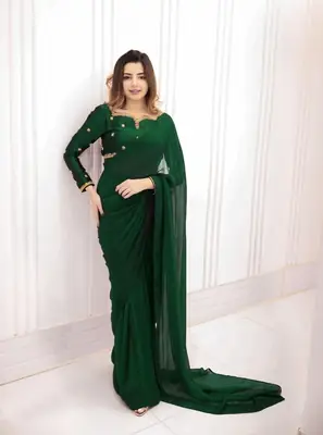 Ready to Wear Chiffon Saree with Embroidered Silk Blouse & Silk Petticoat – 7 Yards Stitched Party Wear Saree for Women