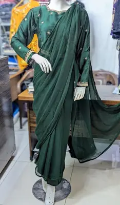 Ready to Wear Chiffon Saree with Embroidered Silk Blouse & Silk Petticoat – 7 Yards Stitched Party Wear Saree for Women thumbnail 3