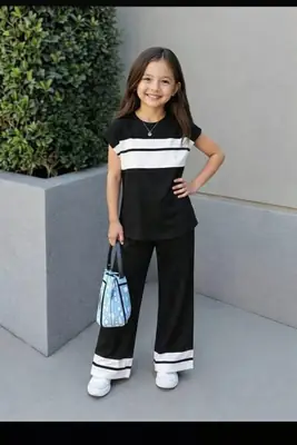 2 Pcs Girl's Cotton Jersey Plain Shirt And Trouser Suit