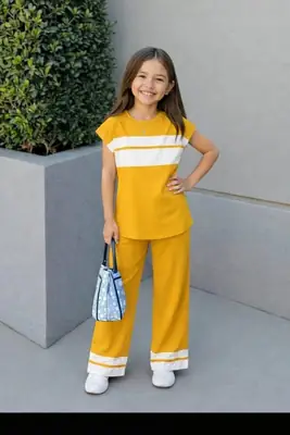 2 Pcs Girl's Cotton Jersey Plain Shirt And Trouser Suit