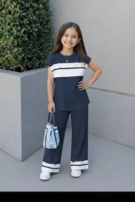 2 Pcs Girl's Cotton Jersey Plain Shirt And Trouser Suit