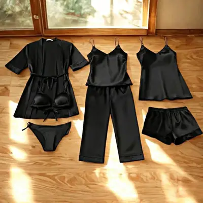Imported China Silk 7 Pcs Nightwear Set for Women – Satin Silk Sleepwear, Gown, Inner, Shorts, Trouser & Bikini, Premium Soft Night Suit