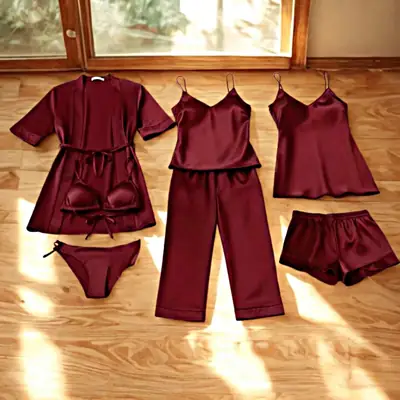 Imported China Silk 7 Pcs Nightwear Set for Women – Satin Silk Sleepwear, Gown, Inner, Shorts, Trouser & Bikini, Premium Soft Night Suit