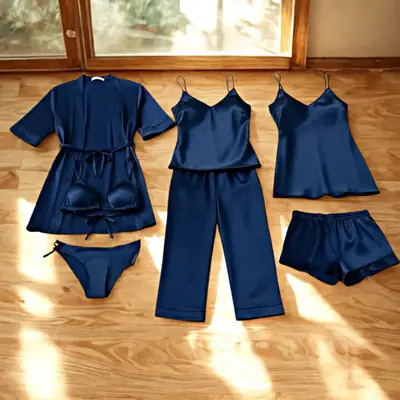Imported China Silk 7 Pcs Nightwear Set for Women – Satin Silk Sleepwear, Gown, Inner, Shorts, Trouser & Bikini, Premium Soft Night Suit
