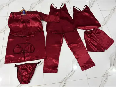 Imported China Silk 7 Pcs Nightwear Set for Women – Satin Silk Sleepwear, Gown, Inner, Shorts, Trouser & Bikini, Premium Soft Night Suit thumbnail 2