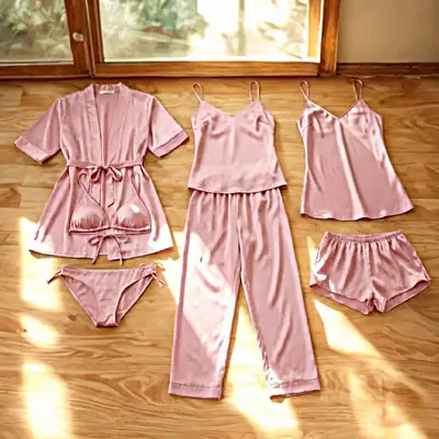 Imported China Silk 7 Pcs Nightwear Set for Women – Satin Silk Sleepwear, Gown, Inner, Shorts, Trouser & Bikini, Premium Soft Night Suit