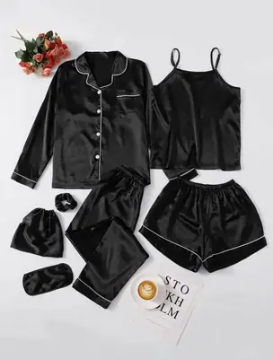 7 Pcs Women's Shamose Silk Nightwear Set | Camisole, Shirt, Trouser & Shorts | Piping Work Sleepwear | Scrunch, Eye Mask & Potli Bag | Luxury Night Suit