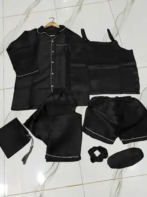 7 Pcs Women's Shamose Silk Nightwear Set | Camisole, Shirt, Trouser & Shorts | Piping Work Sleepwear | Scrunch, Eye Mask & Potli Bag | Luxury Night Suit thumbnail 2