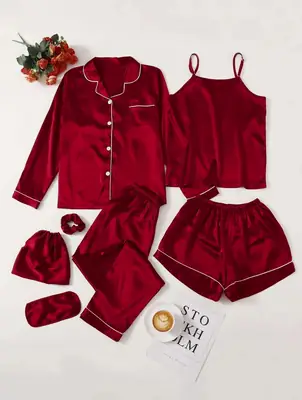 7 Pcs Women's Shamose Silk Nightwear Set | Camisole, Shirt, Trouser & Shorts | Piping Work Sleepwear | Scrunch, Eye Mask & Potli Bag | Luxury Night Suit