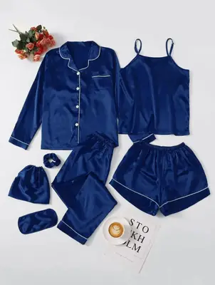 7 Pcs Women's Shamose Silk Nightwear Set | Camisole, Shirt, Trouser & Shorts | Piping Work Sleepwear | Scrunch, Eye Mask & Potli Bag | Luxury Night Suit