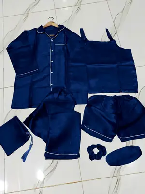 7 Pcs Women's Shamose Silk Nightwear Set | Camisole, Shirt, Trouser & Shorts | Piping Work Sleepwear | Scrunch, Eye Mask & Potli Bag | Luxury Night Suit thumbnail 2