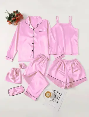 7 Pcs Women's Shamose Silk Nightwear Set | Camisole, Shirt, Trouser & Shorts | Piping Work Sleepwear | Scrunch, Eye Mask & Potli Bag | Luxury Night Suit