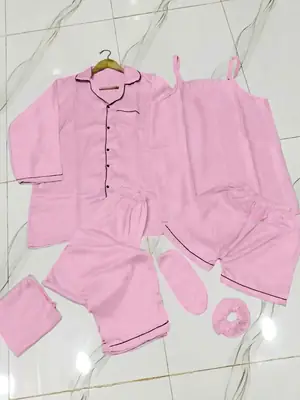 7 Pcs Women's Shamose Silk Nightwear Set | Camisole, Shirt, Trouser & Shorts | Piping Work Sleepwear | Scrunch, Eye Mask & Potli Bag | Luxury Night Suit thumbnail 2