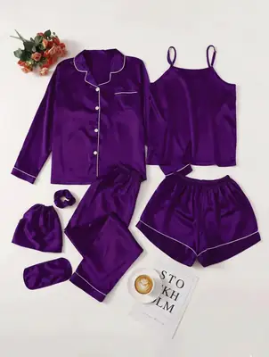 7 Pcs Women's Shamose Silk Nightwear Set | Camisole, Shirt, Trouser & Shorts | Piping Work Sleepwear | Scrunch, Eye Mask & Potli Bag | Luxury Night Suit