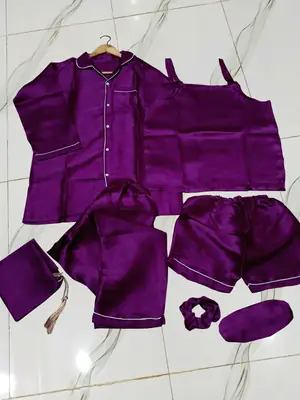7 Pcs Women's Shamose Silk Nightwear Set | Camisole, Shirt, Trouser & Shorts | Piping Work Sleepwear | Scrunch, Eye Mask & Potli Bag | Luxury Night Suit thumbnail 2