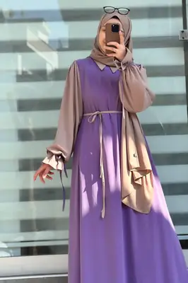 Collar Abaya with Belt and Matching Stroller | Original Wool Peach Fabric | Front Open Stylish Abaya for Women | Soft Premium Abaya thumbnail 3