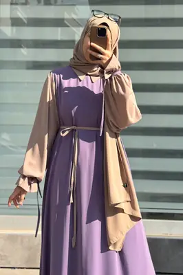 Collar Abaya with Belt and Matching Stroller | Original Wool Peach Fabric | Front Open Stylish Abaya for Women | Soft Premium Abaya thumbnail 4