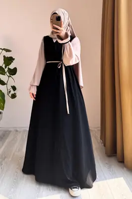 Abaya for Women with Belt & Stroller | Collar Abaya in Soft Wool Peach Fabric | Ready to Wear Abaya