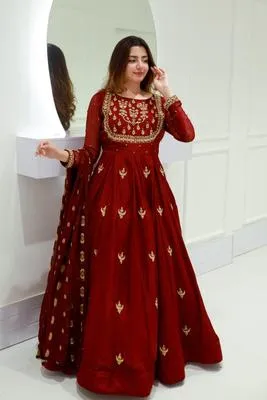 Maroon Chiffon Embroidered 3PC Maxi Suit for Eid Party Wear Medium