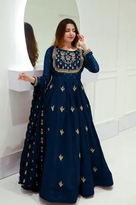 Blue Chiffon Embroidered Maxi 3PC Suit for Eid Party Wear Medium