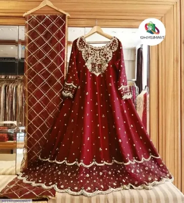 Maroon Heavy Embroidered Shamose Silk Maxi Dress 3Pcs Party Wear