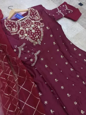 Maroon Heavy Embroidered Shamose Silk Maxi Dress 3Pcs Party Wear thumbnail 2
