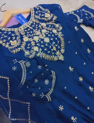 Blue Heavy Embroidered Shamose Silk Maxi Dress 3Pcs Party Wear thumbnail 2