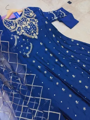 Blue Heavy Embroidered Shamose Silk Maxi Dress 3Pcs Party Wear thumbnail 3