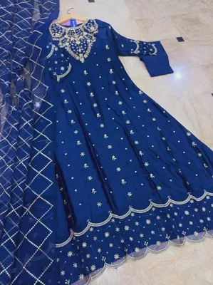 Blue Heavy Embroidered Shamose Silk Maxi Dress 3Pcs Party Wear thumbnail 4