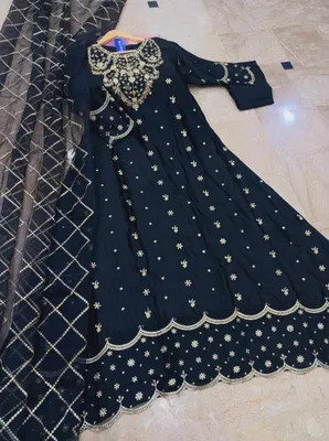 Black Heavy Embroidered Shamose Silk Maxi Dress 3Pcs Party Wear thumbnail 2