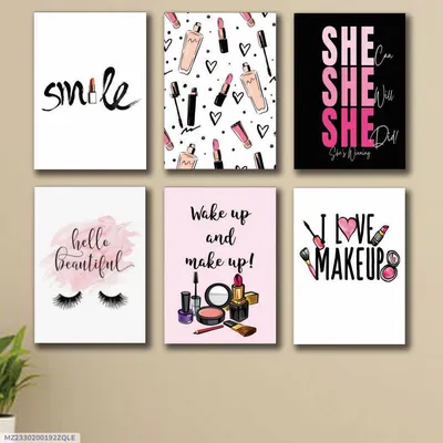 Girls Makeup Wall Art Set 6 Pcs 8x11 MDF Multicolor