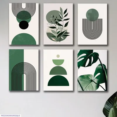 Abstract Green Leaf Wall Art Set 6Pcs 8x11 Inch