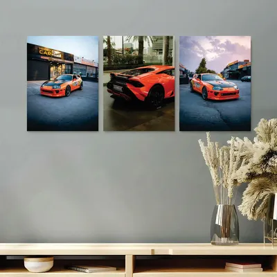 3 Pcs Orange Car Wall Art Set 8x11 MDF thumbnail 2