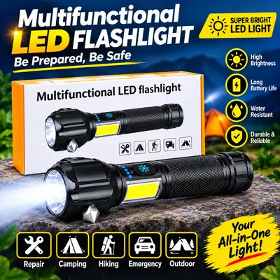 Multifunctional LED Flashlight – Powerful Rechargeable Torch with COB Side Light, Portable Emergency Light for Camping, Hiking, Car & Home Use