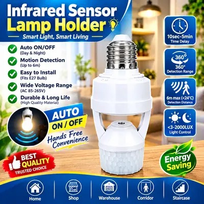 Infrared Sensor Lamp Holder – E27 Motion Sensor Light Holder, 360° Detection, Auto ON/OFF, Energy Saving