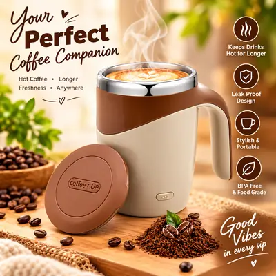 Smart Self Heating Coffee Mug with USB Charging, Portable Electric Coffee Cup, Travel Coffee Mug with Lid for Home, Office & Car