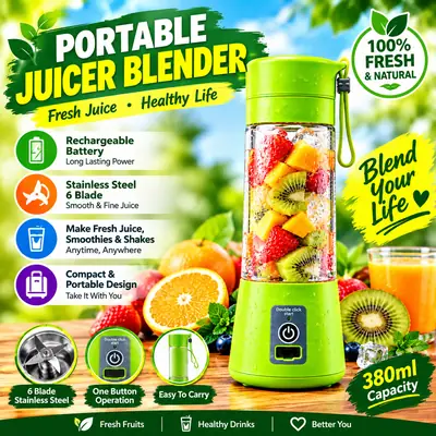 Portable Electric Juicer Blender 380ml – Rechargeable USB Mini Smoothie Maker, Portable Juice & Shake Blender with Powerful Blades for Home, Office, Gym & Travel