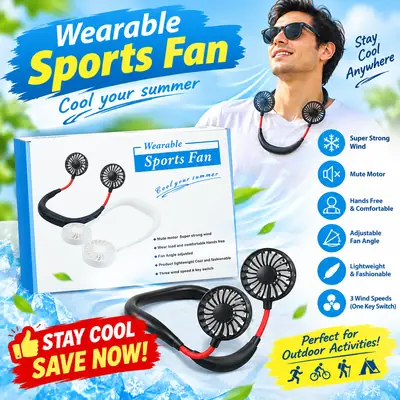 Wearable Sports Neck Fan – Hands-Free Portable Personal Fan, 3-Speed Adjustable Cooling Fan with Dual Powerful Fans, Lightweight Rechargeable Neck Fan for Outdoor, Travel, Sports & Summer