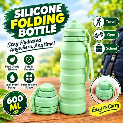 600ML Silicone Folding Water Bottle | Portable Collapsible Travel Bottle with Strap | Reusable Space Saving Water Bottle for Gym, Travel, School & Outdoor