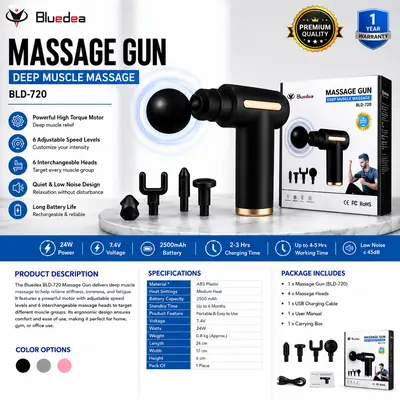 Bluedea BLD-720 Deep Tissue Massage Gun | 6 Speed Levels | 4 Massage Heads | Rechargeable Portable Muscle Massager | Low Noise | Black & Gold