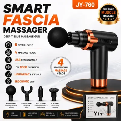 Smart Fascia Massage Gun JY-760 | Deep Tissue Muscle Massager | 6 Speed Levels | 4 Massage Heads | USB Rechargeable