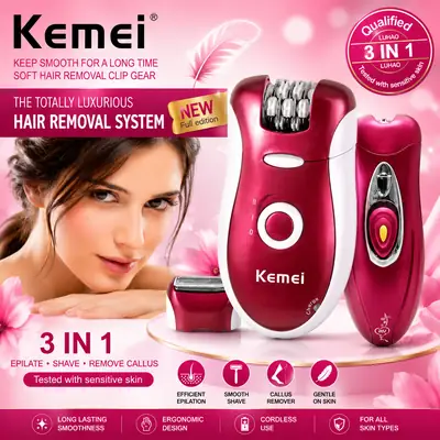 Kemei KM-3068 3-in-1 Rechargeable Epilator & Hair Removal System for Women