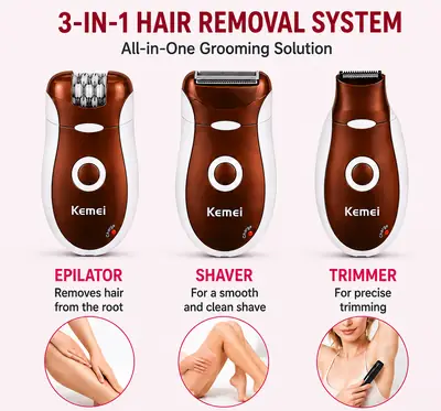 Kemei KM-3068 3-in-1 Rechargeable Epilator & Hair Removal System for Women thumbnail 3