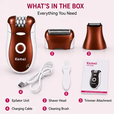Kemei KM-3068 3-in-1 Rechargeable Epilator & Hair Removal System for Women thumbnail 7